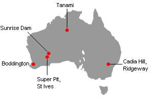 オーストラリアの主な金鉱山地図