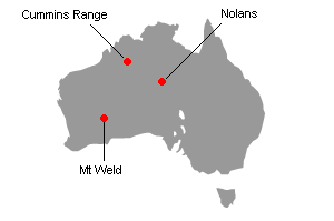 オーストラリアのレアアースプロジェクト地図