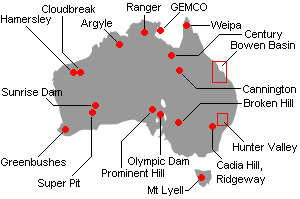 オーストラリアの主要鉱山地図