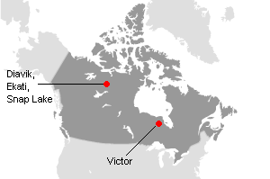 カナダの主なダイヤモンド鉱山地図