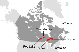 カナダの主な金鉱山地図