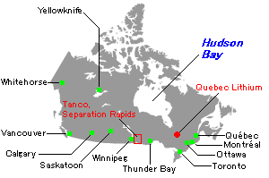 カナダのリチウム生産・開発エリア地図