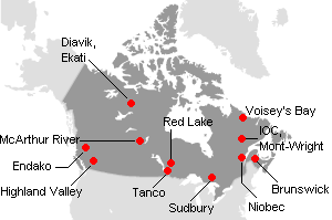 カナダの主要鉱山地図