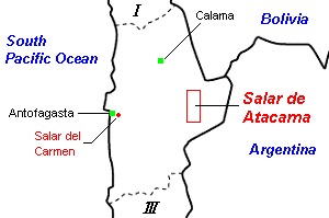 チリ・アタカマ塩湖（Salar de Atacama）地図