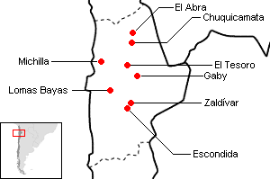 チリ・第Ⅱ州の主な銅鉱山地図