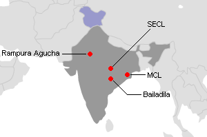 インドの主要鉱山地図