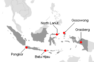 インドネシアの主な金鉱山地図