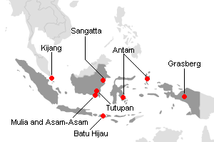 インドネシアの主要鉱山地図