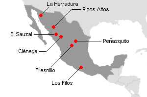 メキシコの主な金鉱山地図