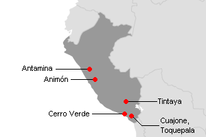 ペルーの主な銅鉱山地図