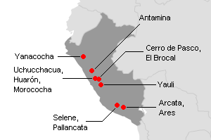 ペルーの主な銀鉱山地図