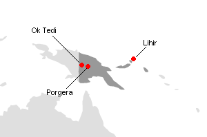 パプアニューギニアの主要鉱山地図