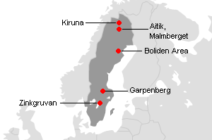 スウェーデンの主要鉱山地図