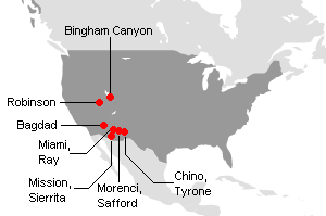 米国の主な銅鉱山地図