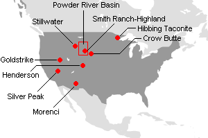 米国の主要鉱山地図