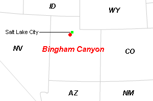 Bingham Canyon（ビンガムキャニオン）銅・モリブデン鉱山周辺地図
