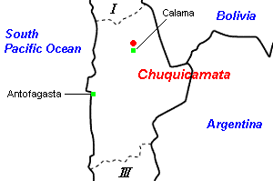 Chuquicamata（チュキカマタ）銅・モリブデン鉱山周辺地図