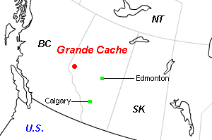 Grande Cache（グランド・キャッシュ）石炭鉱山周辺地図