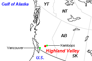 Highland Valley（ハイランド・バレー）銅鉱山周辺地図