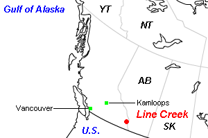 Line Creek（ライン・クリーク）石炭鉱山周辺地図