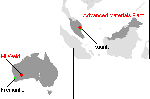 Mt Weldプロジェクト及びマレーシア精製プラントの地図