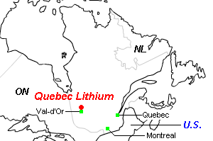 Quebec Lithium（ケベック・リチウム）リチウムプロジェクト周辺地図