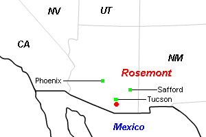 Rosemont（ローズモント）銅・モリブデン・銀プロジェクト周辺地図