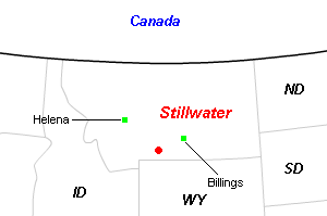 Stillwater（スティルウォーター）白金（プラチナ）・パラジウム鉱山周辺地図