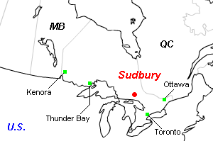 Sudbury（サドバリー）ニッケル・銅・コバルト鉱山周辺地図
