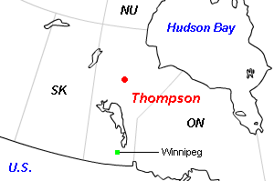 Thompson（トンプソン）ニッケル・銅・コバルト鉱山周辺地図