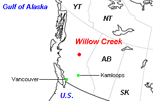 Willow Creek石炭鉱山周辺地図